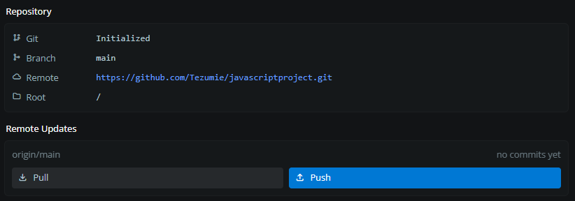 Repository section shows Remote origin URL after creating GitHub repo